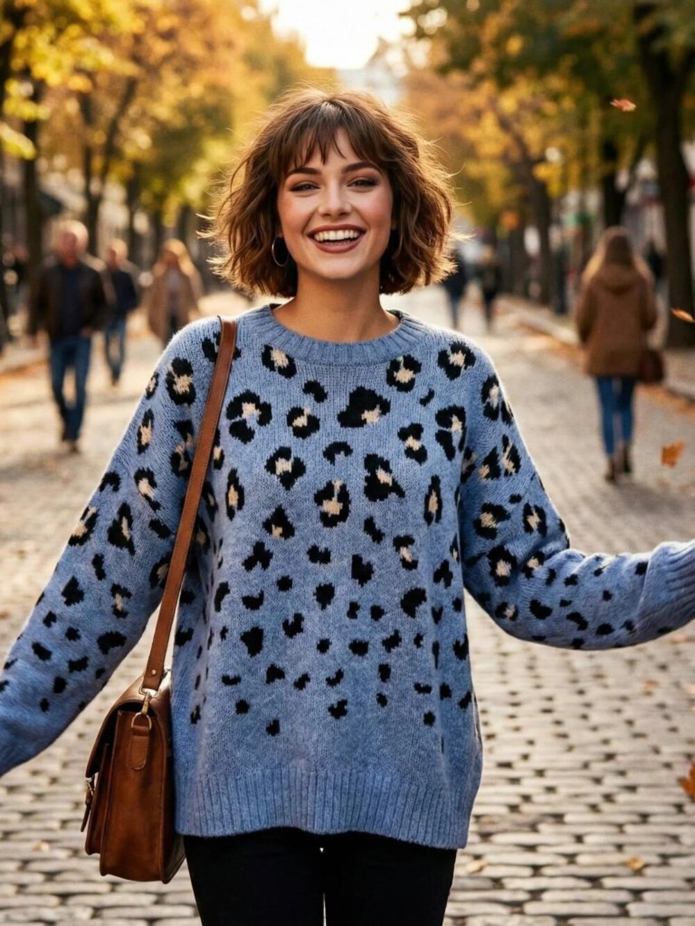 Nine West Light Blue Leopard Print Crewneck Sweater